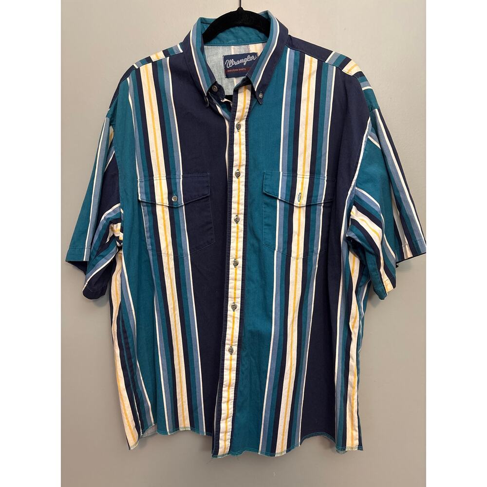 Vintage Wrangler Western Multicolor Striped Button Up Short Sleeve Shirt Mens XL